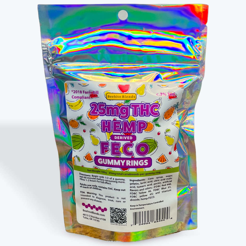 A holographic bag of Hemp Derived FECO gummies with a colorful label displaying various fruits.