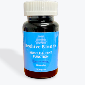 A bottle of Beehive Blends Muscle and Joint Function Support capsules.