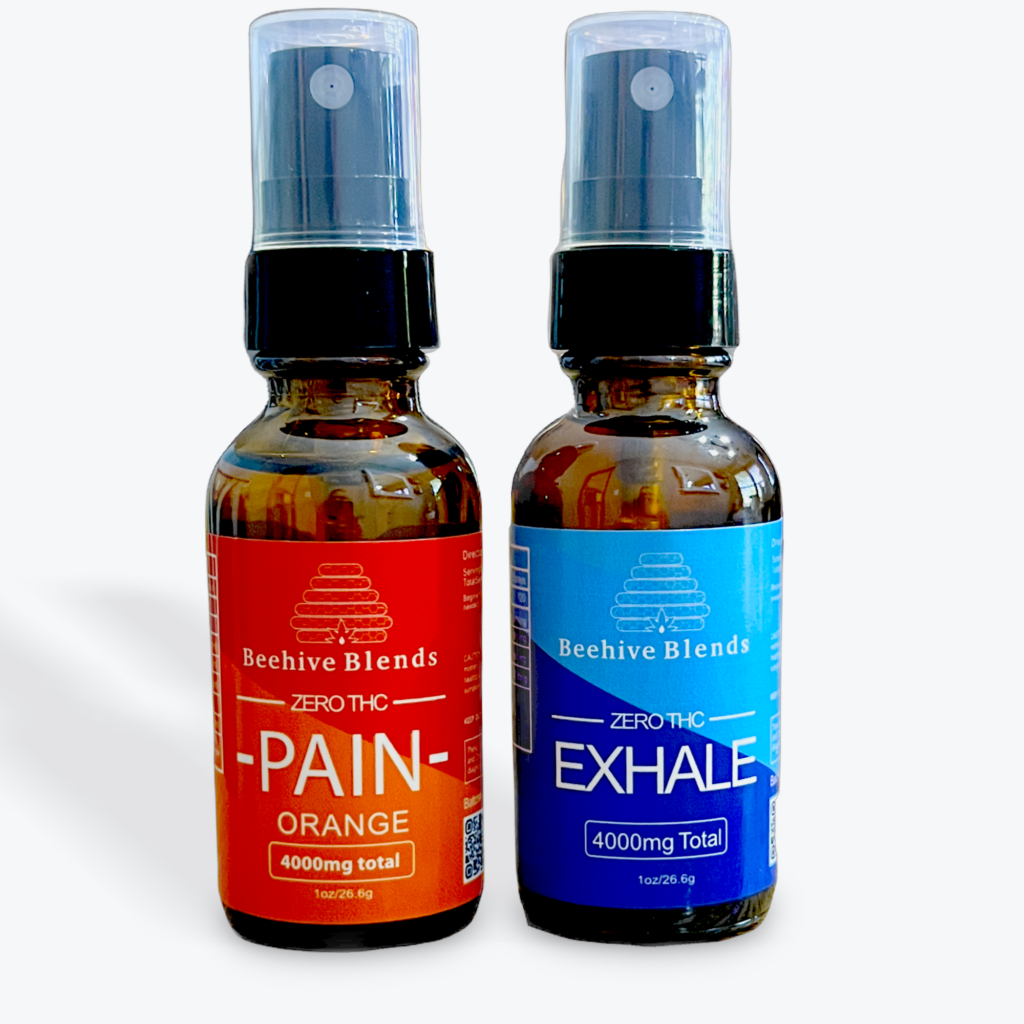 A bottle of Beehive Blend's Pain and Exhale sprays.